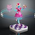Crowned Blue Skinned Dessert Character With Pink Cat Like Creature Holding Tray On Checkered Base