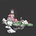 Traditional Multi Story Pagoda Architecture On Floating Islands With Cherry Blossom Trees And Lanterns