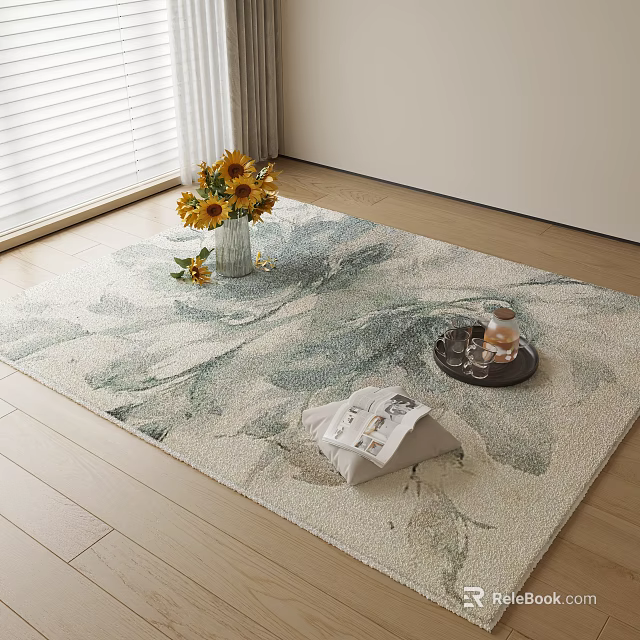 Square Rug With Natural Leaf Pattern On Wooden Floor With Sunflower Vase And Tray 3d model 