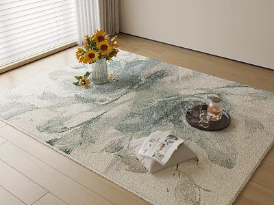 Square Rug With Natural Leaf Pattern On Wooden Floor With Sunflower Vase And Tray 3d model
