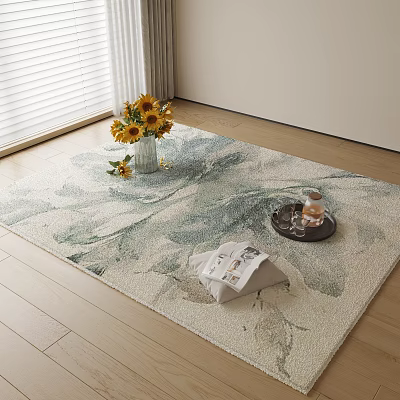 Square Rug With Natural Leaf Pattern On Wooden Floor With Sunflower Vase And Tray 3d model