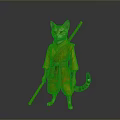 3D Cat Character In Orange Samurai Robe Holding Wooden Staff And Standing Pose