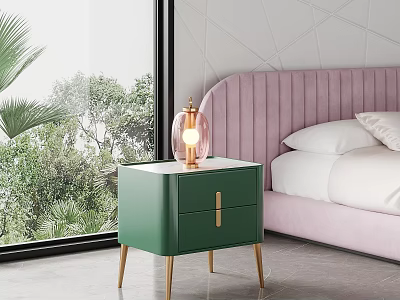 Green Nightstand With Golden Legs Handles Glass Lamp By Pink Headboard And Window View 3d model