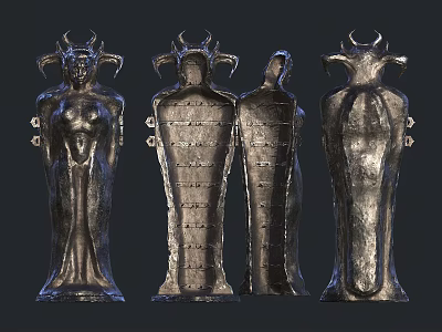 Four Metallic Horned Humanoid Statues Displayed From Different Sides 3d model