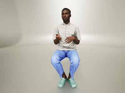 Man sitting gesturing in light gray shirt blue pants light blue shoes simple gray background 3d model