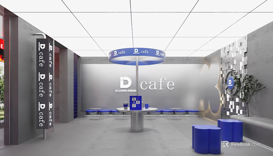Modern D Cafe With Circular Ceiling Sign White Walls Gray Floor And Blue Cylindrical Seats 3d model 