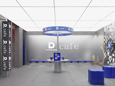 Modern D Cafe With Circular Ceiling Sign White Walls Gray Floor And Blue Cylindrical Seats 3d model