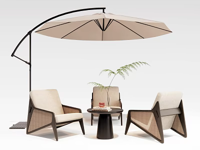 Outdoor Woven Chairs With Wooden Frame And Patio Umbrella Side Table Green Plant 3d model