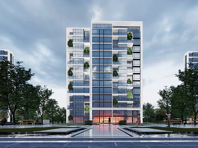 Modern High Rise Building With Glass Curtain Walls Green Plants And Plaza Entrance 3d model