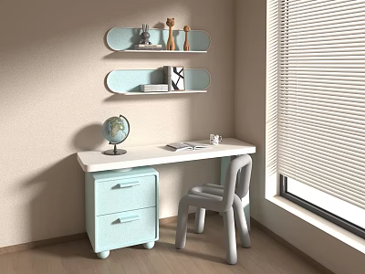 Kids Desk With White Top Light Blue Drawers Globe Book Lamp Gray Chair And Wall Shelves 3d model