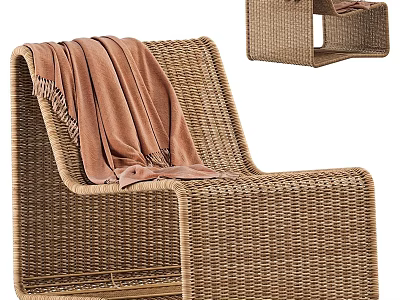 Wicker Outdoor Sofa With Brown Blanket And Side Table For Patio Use 3d model