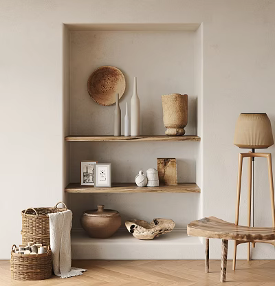 Natural Rustic Decorative Cabinet With Wooden Shelves Displaying Ceramic Vases Wooden Plates And Photo Frames 3d model