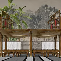 Traditional Wooden Outdoor Canopy Structure With Palm Trees And Benches