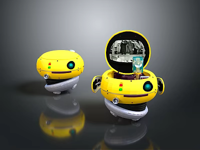 Futuristic Yellow Robots In Sci-Fi Scene With Open Compartment And Internal Components 3d model
