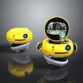Futuristic Yellow Robots In Sci-Fi Scene With Open Compartment And Internal Components