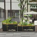 Modern Garden Landscape With Green Plants Planters And Umbrellas By Building Facade
