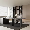 Modern Study Room With Black Desk Grey Chair Plant Bookshelves Marble Wall And White Blinds