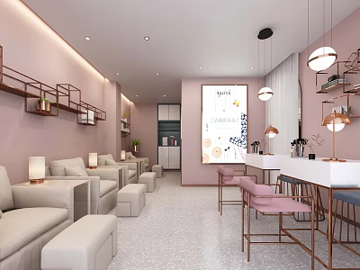 Beauty Hair Salon Interior Design With Pink Walls Sofas Pendant Lights And White Counter 3d model