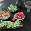 Assorted Green Apples Red Apples Pomegranates and Green Grapes in Ceramic Bowls on Dark Wooden Table