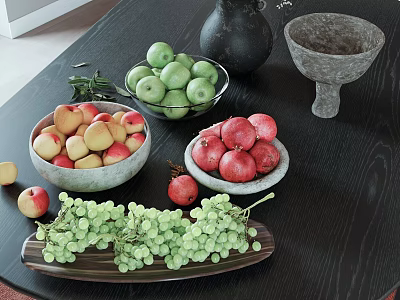 Assorted Green Apples Red Apples Pomegranates and Green Grapes in Ceramic Bowls on Dark Wooden Table 3d model