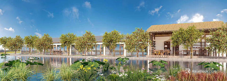 Scenic Homestay Building With Traditional Roof Large Windows Lotus Pond And Surrounding Trees 3d model 