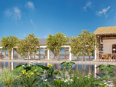 Scenic Homestay Building With Traditional Roof Large Windows Lotus Pond And Surrounding Trees 3d model