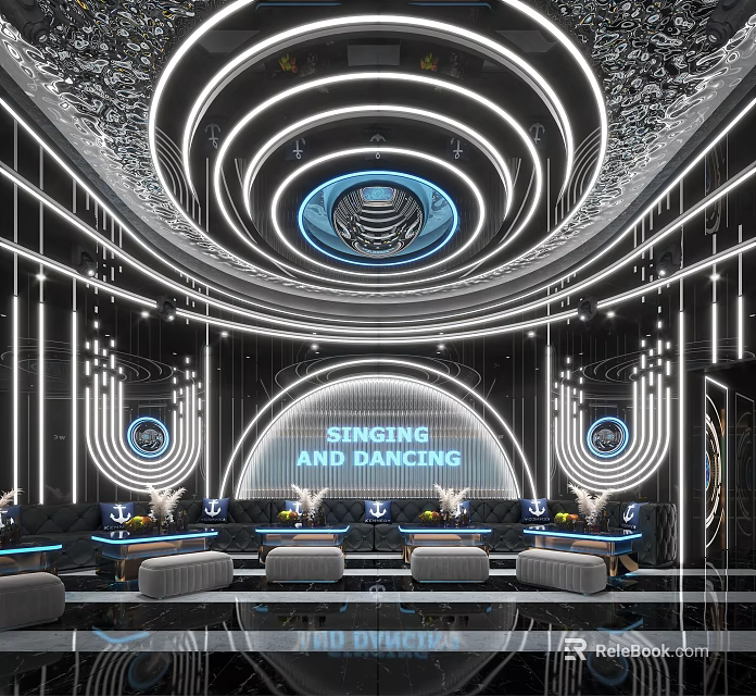 Modern KTV Lounge Interior With Neon Lights Circular Ceiling And Sofa Seating For Singing Dancing 3d model 