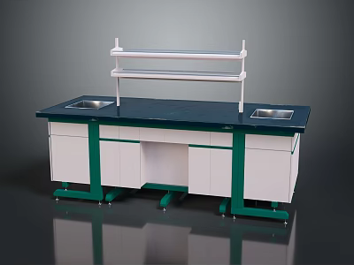 Laboratory Workbench Furniture With Blue Top Double Sinks And White Shelf 3d model