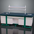Laboratory Workbench Furniture With Blue Top Double Sinks And White Shelf