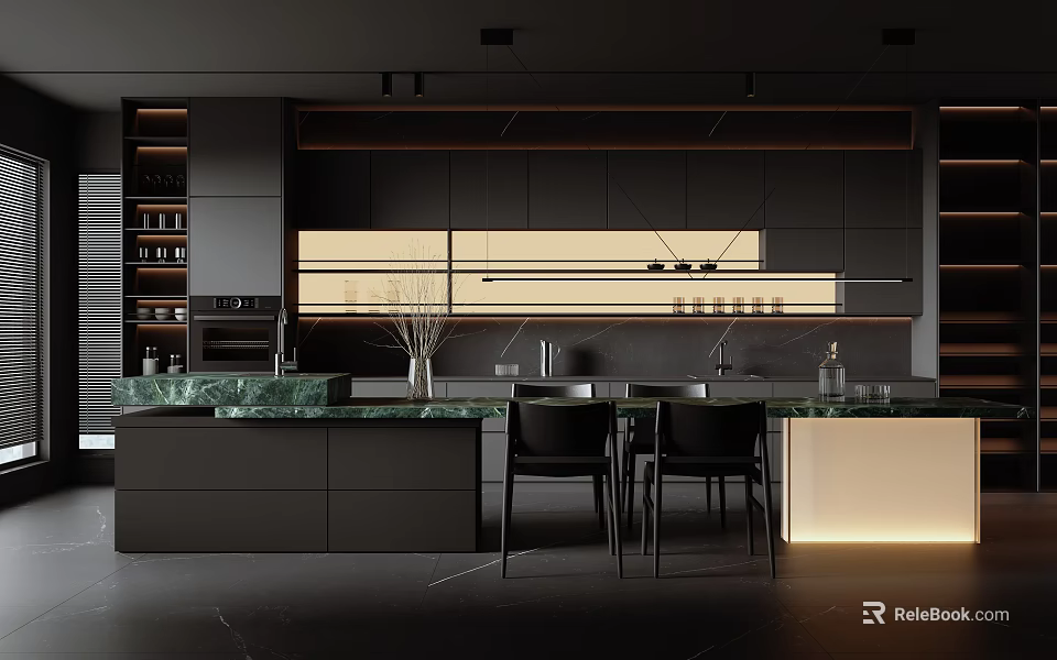 Contemporary Black Kitchen With Green Marble Countertop And Pendant Lights 3d model 