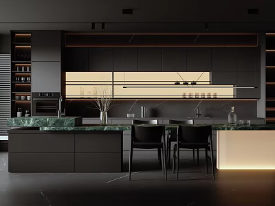 Contemporary Black Kitchen With Green Marble Countertop And Pendant Lights 3d model