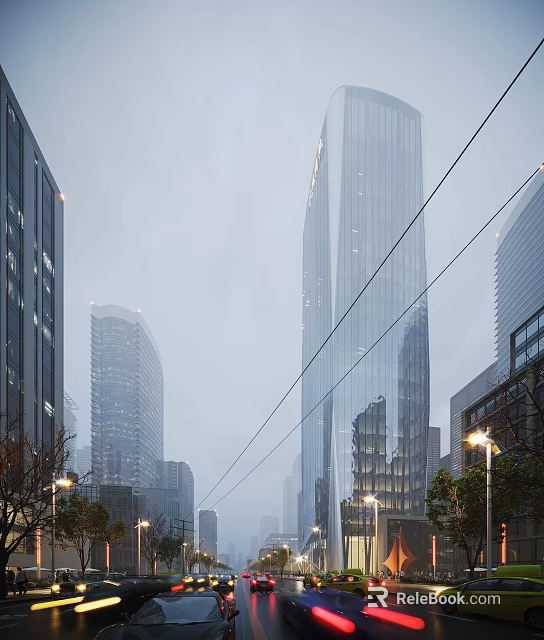 Modern Urban Skyscrapers with Glass Facades and Street Lights in Misty Cityscape 3d model 