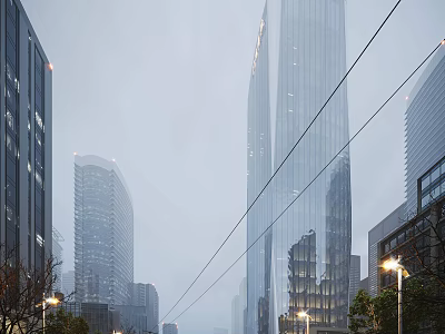 Modern Urban Skyscrapers with Glass Facades and Street Lights in Misty Cityscape 3d model