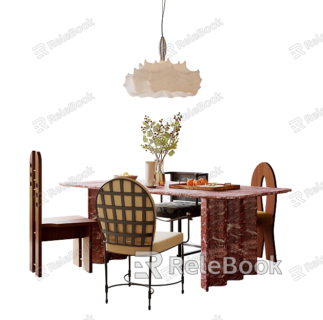 Modern Middle Ancient Style Dining Table and Chair Combination Red Marble Dining Table Art Leisure Dining Chair Art Chandelier model