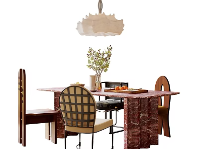 Modern Restaurant Interior With Dining Table Chairs Pendant Light And Potted Plant 3d model