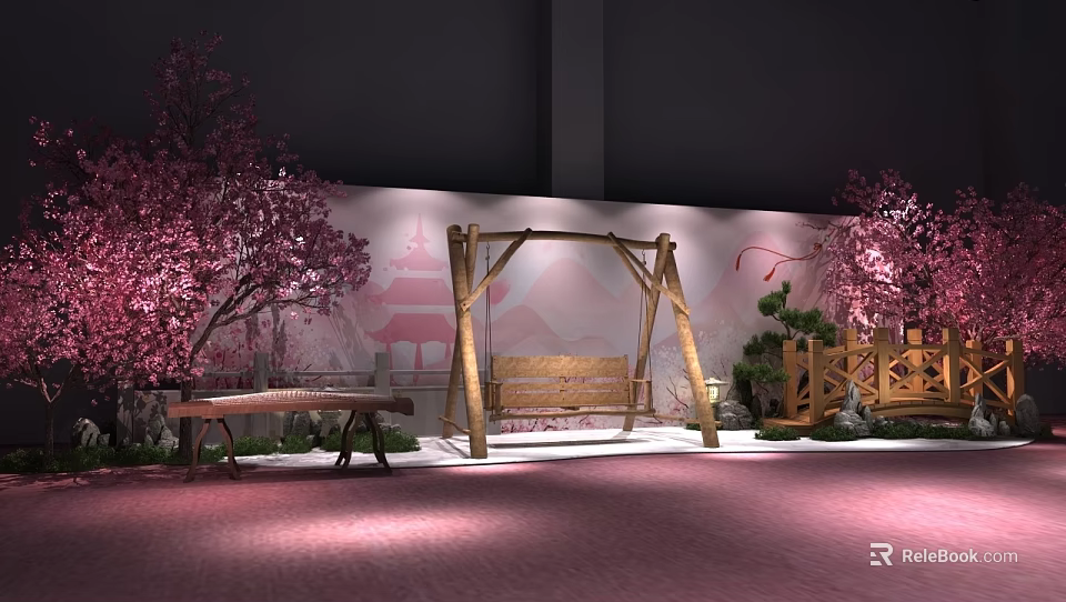 Charming Photo Check In Spot With Pink Cherry Blossom Trees Wooden Swing And Chinese Tower Backdrop 3d model 