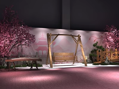 Charming Photo Check In Spot With Pink Cherry Blossom Trees Wooden Swing And Chinese Tower Backdrop 3d model