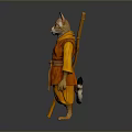3D Cat Character In Orange Samurai Robe Holding Wooden Staff And Standing Pose