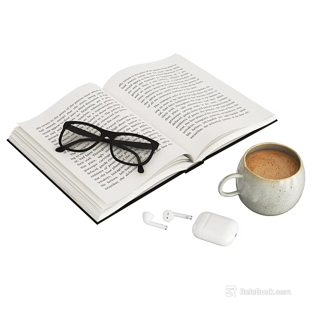 Open Book With Black Glasses Coffee Cup Wireless Earbuds And White Case 3d model 