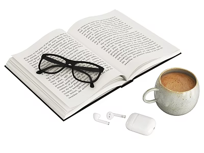 Open Book With Black Glasses Coffee Cup Wireless Earbuds And White Case 3d model