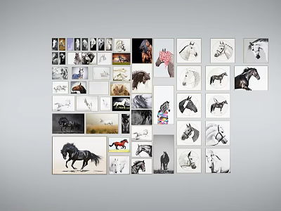 Animal Paintings Collection of Horse Artworks in Various Styles and Collage Arrangement 3d model