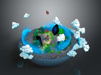 Cartoon Island Scenery with Blue Water Green Vegetation Black Portals House Clouds and Character 3d model