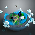 Cartoon Island Scenery with Blue Water Green Vegetation Black Portals House Clouds and Character