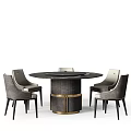 Modern Round Dining Table Set With Black Tabletop Gold Base And Four Gray Chairs 3d model