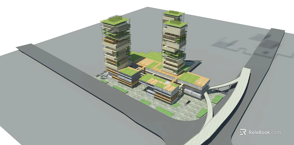 Modern Green Architectural Design With High Rise Towers Low Rise Structures And Vegetation Tops 3d model 