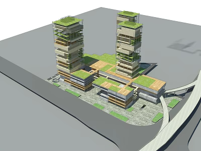Modern Green Architectural Design With High Rise Towers Low Rise Structures And Vegetation Tops 3d model
