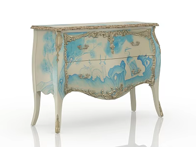 Classic Entryway Console Cabinet with Blue and White Painted Design and Carved Details 3d model