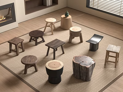 Cozy Living Space Featuring Various Wooden Stools Natural Log Designs Different Shapes On Beige Carpet 3d model
