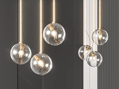 Transparent Glass Ball Pendant Lights With Gold Rods And Illuminated Bulbs On Striped Wall 3d model