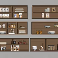 Wooden Wall Cabinets With Multiple Compartments Containing Cans Bottles Plates Bowls And Books